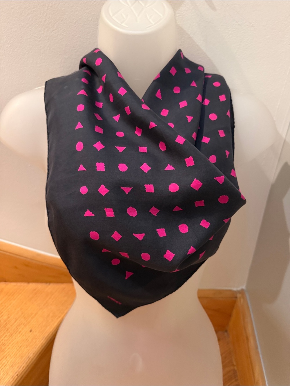 VTG Kreier of Switzerland Silk/Satin Scarf Hot Pink Black Geometric 26x26